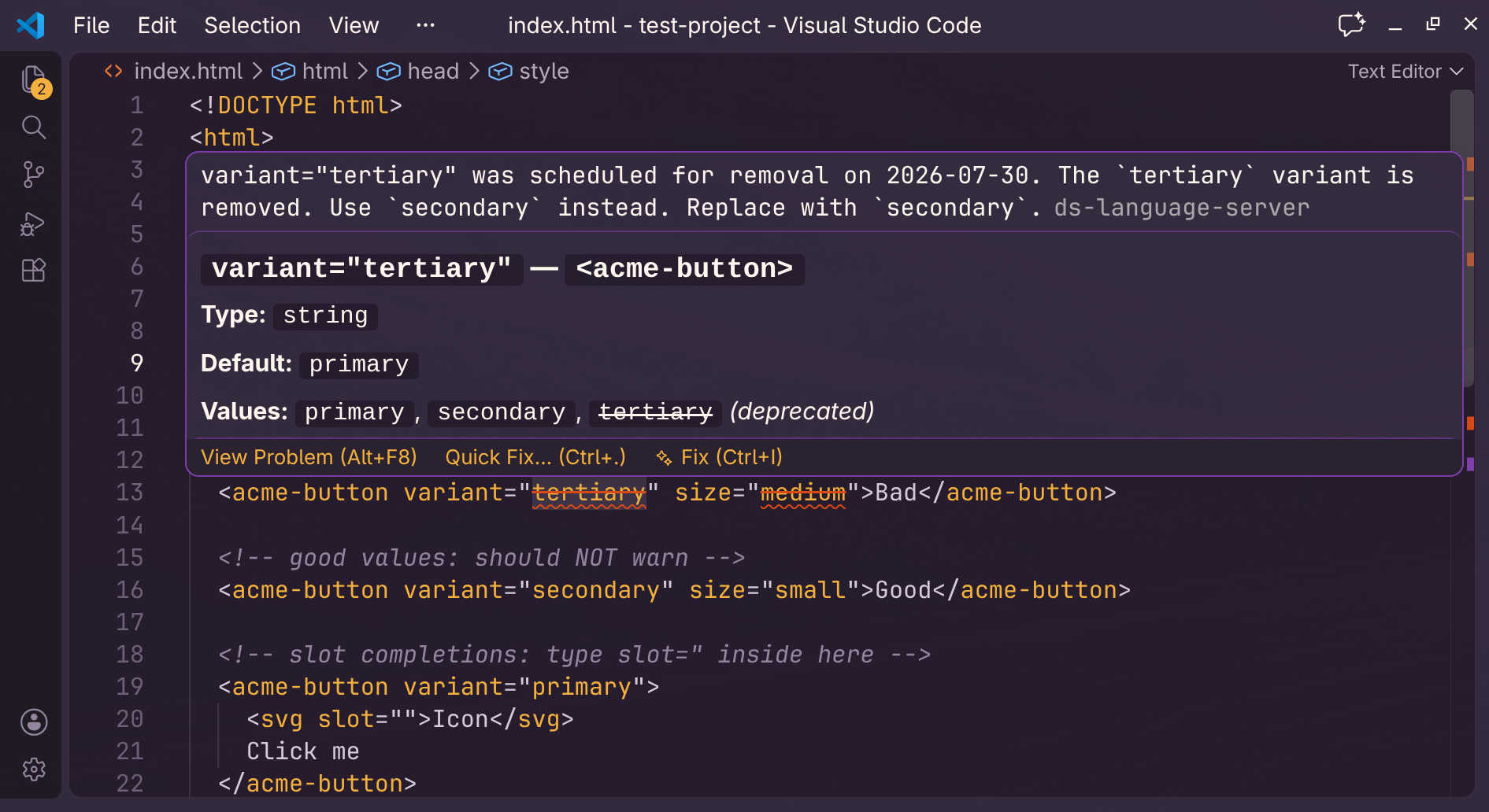 VS Code hover explaining that the tertiary variant attribute value is deprecated in favour of secondary.