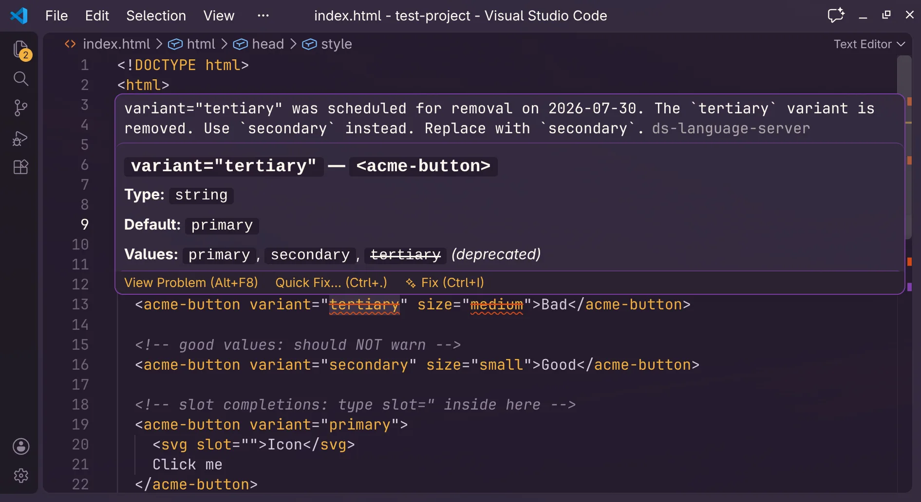 VS Code hover explaining that the tertiary variant attribute value is deprecated in favour of secondary.