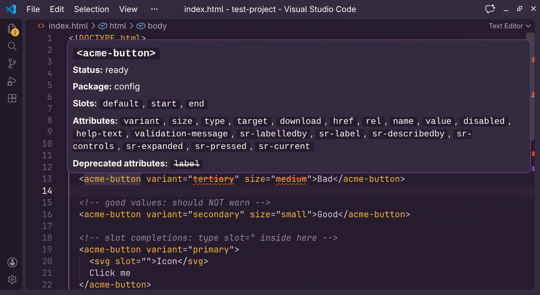 VS Code hover showing the status, package, slots, and attributes of the acme-button custom element.