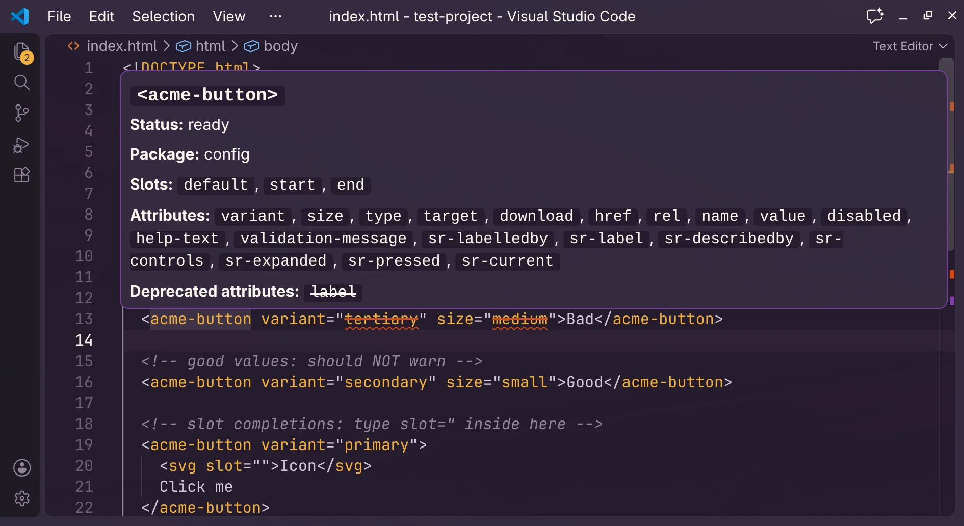VS Code hover showing the status, package, slots, and attributes of the acme-button custom element.