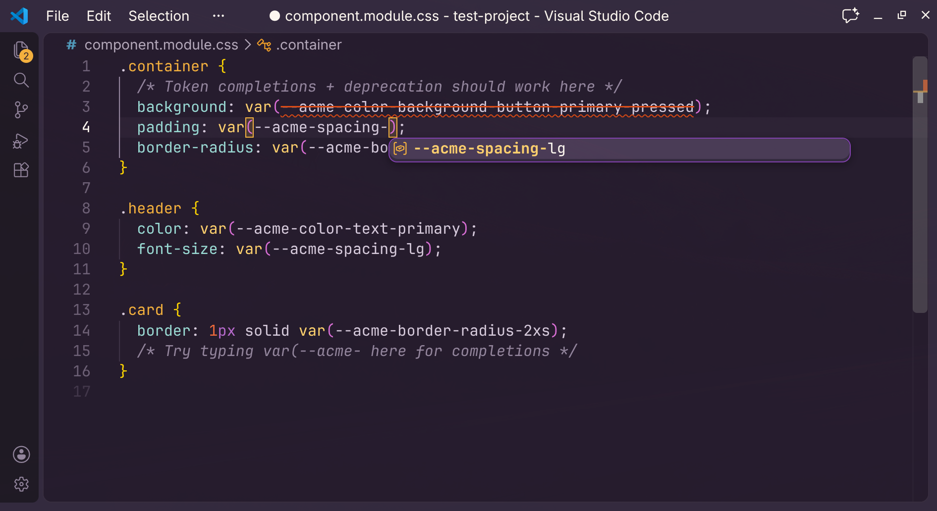 VS Code suggesting the design token --acme-spacing-lg in a CSS var() expression.