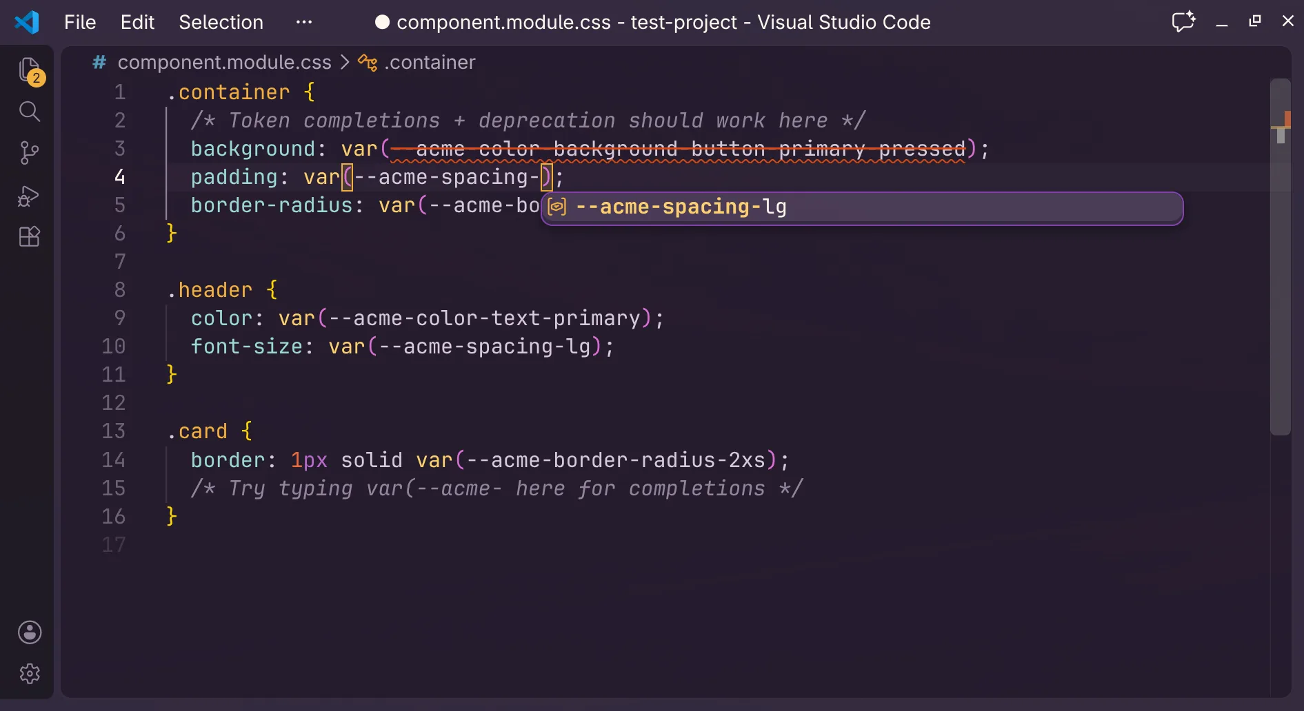 VS Code suggesting the design token --acme-spacing-lg in a CSS var() expression.