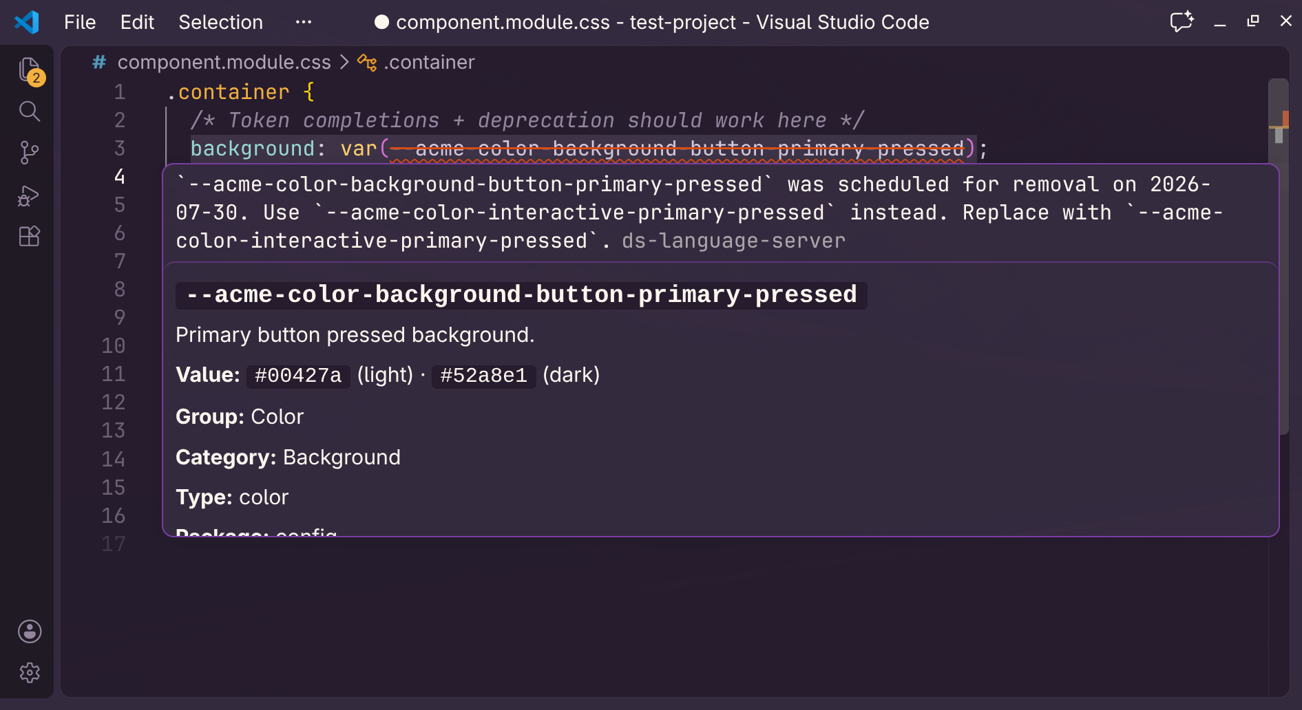 VS Code hover explaining that a deprecated CSS token should be replaced with a new token.