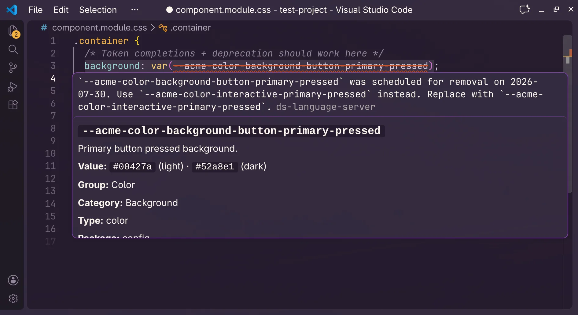 VS Code hover explaining that a deprecated CSS token should be replaced with a new token.